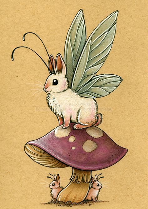 Bunny fairy Akvarel Illustration, Creature Fantasy, Desen Realist, Arte Indie, Inspiration Tattoos, Bunny Art, Arte Sketchbook, Mushroom Art, Mythical Creatures Art