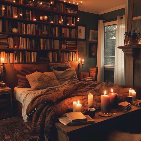 Fall Aesthetic Bedroom Ideas, Fall Bedroom Aesthetic Autumn, Cozy Library Bedroom Aesthetic, Fall Aesthetic Room Ideas, Fall Inspired Bedroom Cozy, Halloween Guest Bedroom, Fall Bedroom Aesthetic Cozy, Autumnal Bedroom Decor, Aesthetic Book Bedroom