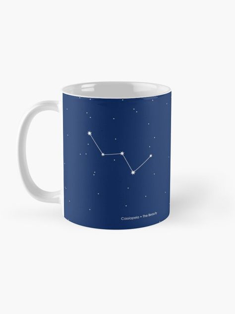 Cassiopeia constellation print on a navy background. Cassiopia is a vain queen in Greek mythology, who boasted about her beauty so much that she enraged Posiedon and he placed her in the sky as punishment. Cassiopeia Constellation, Constellation Print, Navy Background, Bright Stars, Greek Mythology, Constellations, A Coffee, Coffee Mug, Coffee Mugs