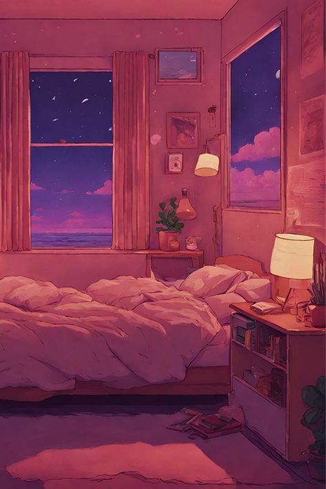 Digital illustration of a bedroom by the window. Lofi aesthetic. Posters For Bedroom, Bedroom Illustration, Lofi Aesthetic, Lo-fi Aesthetic, Bedroom Drawing, Vaporwave Art, Cosy Room, Anime Room, Trendy Wallpaper