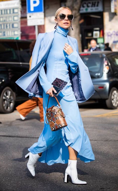 Baby Blue from The Best Street Style From Fashion Week Fall 2019 Baby Blue Outfits For Women, Style White Boots, Powder Blue Outfit, Light Blue Outfit, Beaded Pants, All Blue Outfit, Baby Blue Outfit, Fashion Trousers Women, Sky Blue Outfit