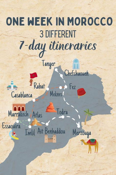 7 days in Morocco Itinerary: 3 amazing one-week trips · The Global Wizards - Travel Blog Morocco Travel Destinations, Casablanca Hotel, 10 Day Itinerary, Morocco Itinerary, Visit Marrakech, Marrakech Travel, Morocco Tours, Visit Morocco, Morocco Travel