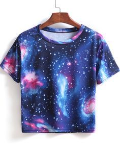 Blue Short Sleeve Galaxy Print Crop T-Shirt - Sheinside.com Galaxy Outfit, Shirts Crop Tops, Galaxy Dress, Galaxy Shirt, Galaxy Fashion, Galaxy T Shirt, Shirts Crop, Galaxy Print, Crop T Shirt