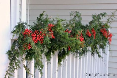 Porch Railing Decorations Christmas, Christmas Porch Railing Decor, Split Level Christmas Decor Outdoor, Outdoor Christmas Railing, Outdoor Railing Christmas Decorations, Christmas Porch Railing Decorating Ideas, Front Porch Railing Christmas Decor, Porch Railing Christmas Decor, Stoop Ideas