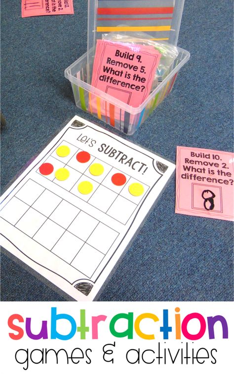 My first graders are elbow-deep in these fun subtraction activities and games! We are learning all sorts of subtraction strategies and practicing some hands-on math! Students practice building and removing counters or cubes in this easy subtraction center. (You may have seen the similar free addition game on my blog awhile back) After learning how … Unifix Cubes, Subtraction Games, Math Subtraction, Subtraction Practice, Activities For Students, Subtraction Activities, Daily 3, Math Number Sense, Math Intervention