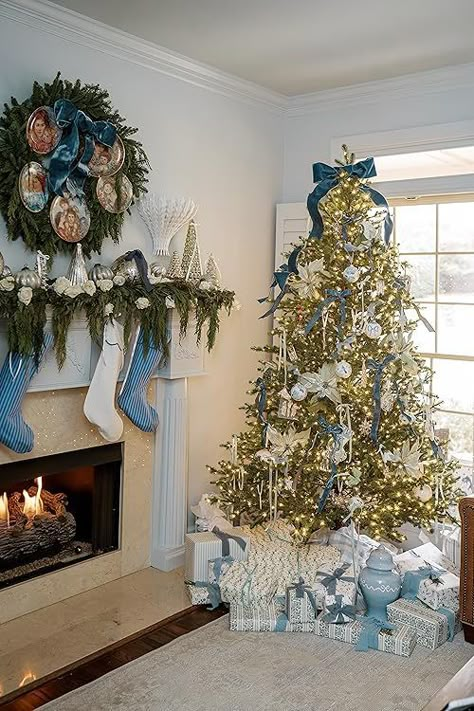 Chapple Chandler's Amazon Page Blue Bows On Christmas Tree, Grand Millenial Christmas Tree, Grand Millennial Christmas Tree, Blue Theme Christmas Tree, Christmas Blue Aesthetic, Christmas Ribbon Decor, Coastal Christmas Tree Ideas, Preppy Christmas Decor, Light Blue Christmas Tree