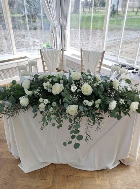 Wedding Centerpieces Main Table, Diy Top Table Decorations Wedding, White Flower Centrepiece Wedding, Foliage Centre Pieces Wedding, Top Table Wedding Flowers, Bridal Table Flowers Arrangements, Head Table Wedding Flowers, Wedding Top Table Flowers, Wedding Decor Greenery