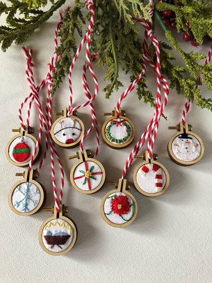 Holiday Mini Hoop Ornaments - FREE Hand Embroidery Patterns and PDF - Sulky Embroidery Patterns For Beginners, Free Hand Embroidery Patterns, Hoop Ornaments, Free Hand Embroidery, Mini Christmas Ornaments, Mini Embroidery, Hand Embroidery Patterns Free, Holiday Embroidery, Miniature Embroidery