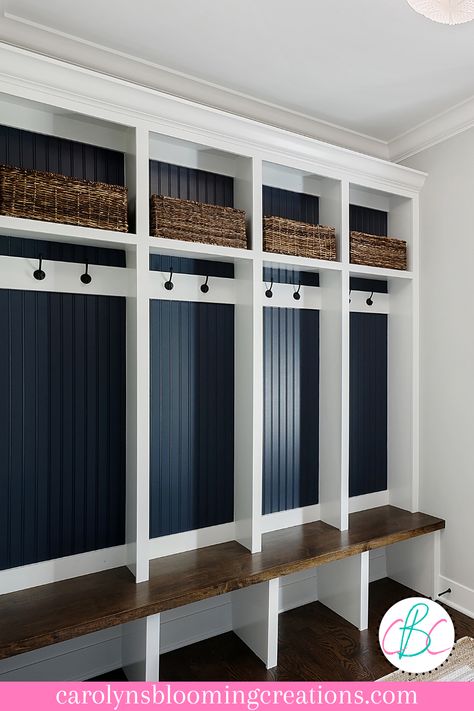 Mudroom 4 Cubbies, Blue And White Mudroom, Mud Room Cubby Storage Ideas, Mud Room Color Ideas, Mudroom Cubby Ideas, Laundry Room Cubbies, Navy Mudroom, Mud Room Colors, Cubby Storage Ideas