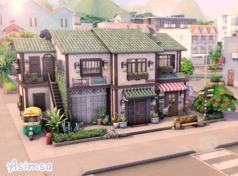 Sims Neighborhood, Japanese Apartment Building, Modern Parisian Apartment, Japanese Apartment, Modern Parisian, Off Grid House, Japanese Village, Apartment Exterior, Muebles Sims 4 Cc