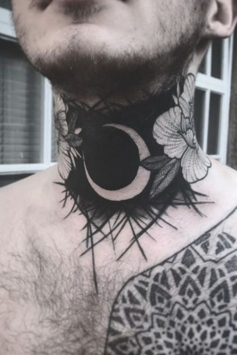 10 Expressive Blackout Neck Tattoo Ideas Throat Tattoo Cover Up, Blacked Out Neck Tattoo, Blackwork Throat Tattoo, Black Throat Tattoo, Dark Throat Tattoo, Moon Throat Tattoo, Black Out Neck Tattoo, Black Box Tattoo, Black Neck Tattoo