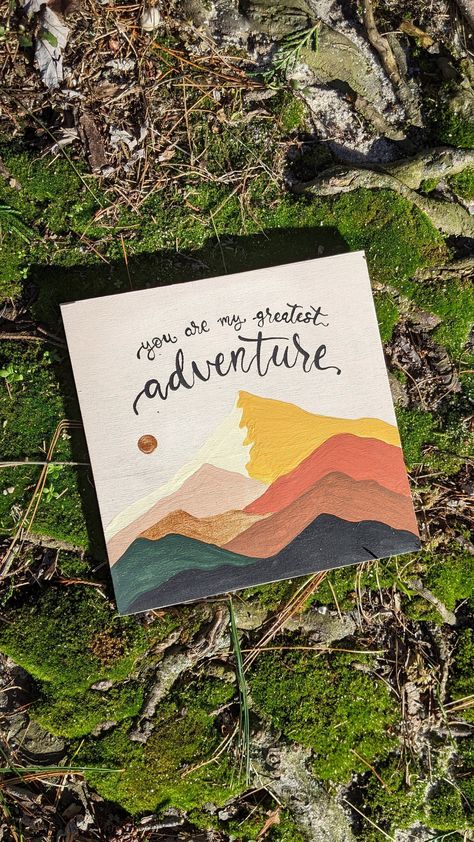 Traveling Painting Ideas, Adventure Canvas Painting, Adventure Painting Ideas, You Are My Greatest Adventure, Painting For Husband, Stylized Mountains, Paintings For Boyfriends, Adventure Painting, Nature Canvas Painting