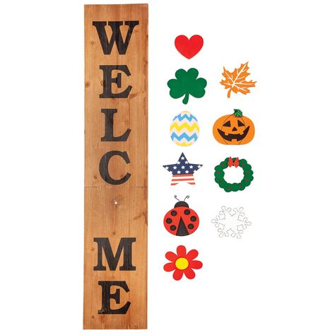 PRICES MAY VARY. Whimsical Welcome – Greet your guests year-round with this Wooden Welcome Sign that is detailed in festive flair for each season Interchangeable Magnets – You won’t miss the “O” in this welcome sign, since its magnetic shape can be swapped season after season; choose from 10 painted plaques that include a snowflake, heart, shamrock, Easter egg, flower, ladybug, Americana star, autumn leaf, pumpkin and Christmas wreath Indoor/Outdoor Use – Thoughtfully designed for both indoor an Christmas Wreaths Indoor, Interchangeable Welcome Sign, Snowflake Heart, Wood Welcome Sign, Wooden Welcome Signs, Diy Letters, Porch Signs, How To Distress Wood, Door Signs