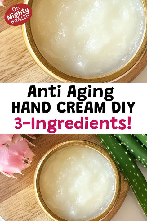 Homemade anti aging hand cream diy in wooden bowl, shown with aloe vera leaf and pink flower. Natural moisturizer recipe made with three ingredients for softer, younger-looking hands. Hand Cream Recipe, Diy Hand Cream, Hand Cream Homemade, Diy Anti Aging Cream, Dry Skin Diy, Anti Aging Hand Cream, Anti Aging Homemade, Anti Aging Hands, Diy Moisturizer