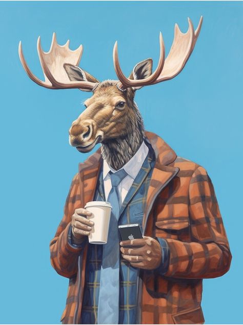 "Moose Holding Coffee" Art Print for Sale by MajesticBeasts | Redbubble Cute Moose Art, Animal People Art, Moose Character Design, Moose Drawing, Save Animals Poster, Moose Cartoon, Moose Illustration, Steaming Cup Of Coffee, Funny Moose