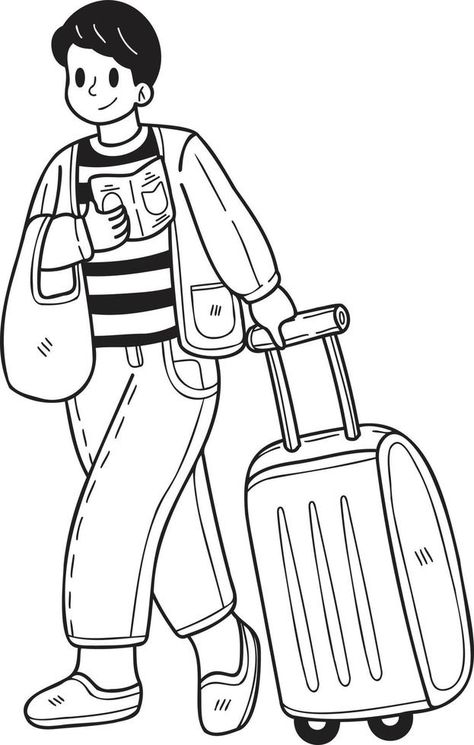 Hand Drawn Male tourist holding passport and suitcase illustration in doodle style Passport Inktober, Passport Drawing, Passport Illustration, Tourist Illustration, Suitcase Illustration, Pen Art Work, Doodle Style, Doodle Illustration, Cityscape Photos