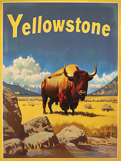 Step into the spirit of the American West with our Vintage Yellowstone National Park Bison Poster. This digitally crafted print honors the iconic bison, a powerful symbol of the wild and untamed essence of Yellowstone, portrayed amidst the sweeping landscapes that have become synonymous with the American wilderness. As a high-quality, printable download, this Yellowstone bison poster allows you to instantly add a touch of the wild to your living or working space. Vintage National Park Posters, Vintage Yellowstone, Welcoming Entryway, American Landscape, American Bison, Wild Heart, Vintage Travel Poster, National Park Posters, National Parks Trip