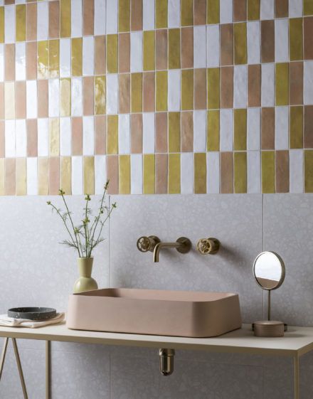 Tile Laying Patterns, Formed Concrete, Indoor Outdoor Bathroom, Modular Tile, Mandarin Stone, Interior Boho, Yellow Tile, Concrete Basin, Unique Tile