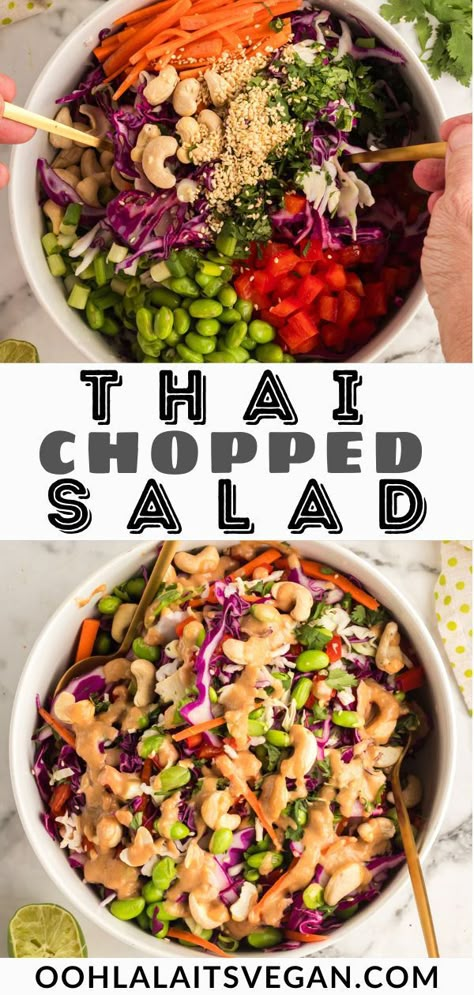 a collage of thai chopped salad for Pinterest Thai Chickpea Salad, Vegan Thai Salad, High Protein Chopped Salad, Raw Vegan Salad Recipes, High Protein Vegan Salad, Thai Cabbage Salad, High Protein Salad Recipes, Thai Chopped Salad, Thai Cabbage