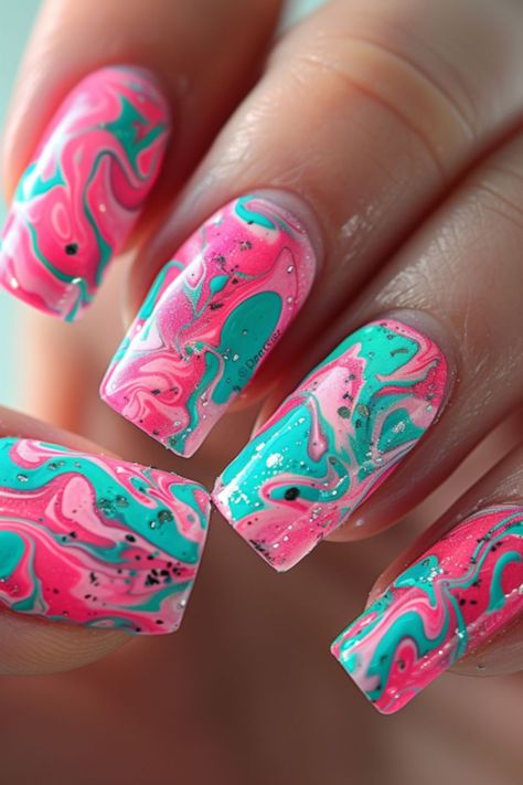 Nails Pink Purple Blue, Neon Pink And Teal Nails, Hot Pink And Turquoise Nails, Pink And Aqua Nails, Pink And Teal Nails Design, Bright Marble Nails, Teal And Pink Nails, Pink And Teal Nails, Fresh Summer Nails