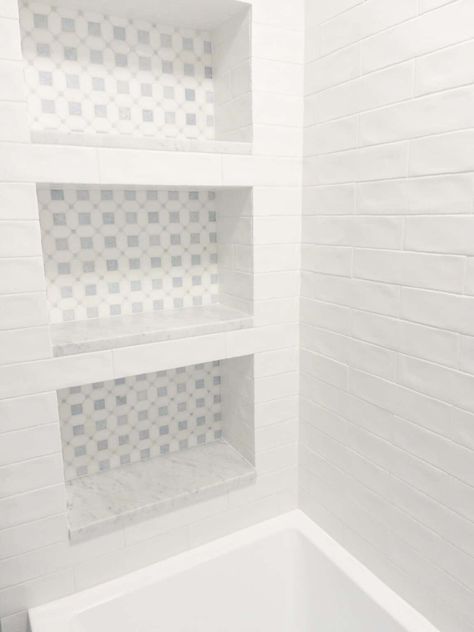 Choosing A Timeless White Subway Tile Bathroom | Hope And Hedges White Subway Tile Shower Niche Ideas, Marble Penny Tile Bathroom, Marble Niche, Bathtub Tile Surround, Subway Tile Wall, White Shower Tile, White Subway Tile Shower, Blue Shower Tile, Subway Tile Bathroom