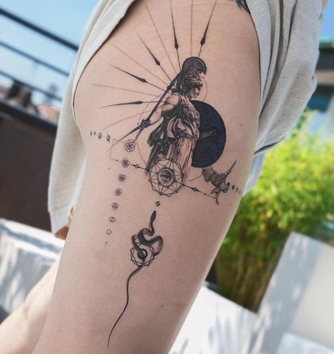 Ogi on Instagram: "▪ Athena ▪done at @pardonparis" Tattoo Of Athena, Athena Tattoo Forearm, Athena Symbol Tattoo, Athena Geometric Tattoo, Athena Greek Goddess Tattoo Design, Minimalist Tattoo, Black And Grey Tattoos, Tattoo Styles, Dreamcatcher Tattoo