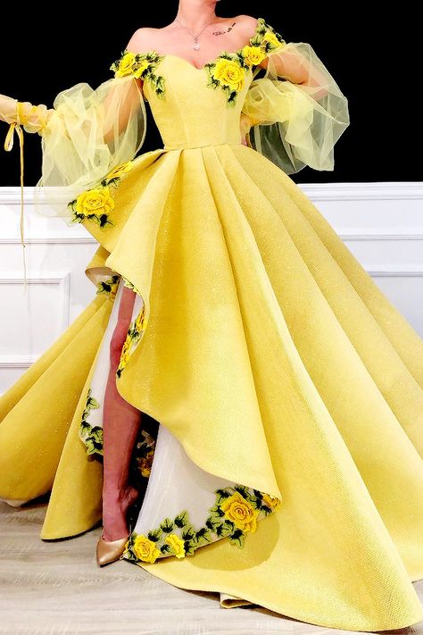 — DONA MATOSHI Couture 2016 if you want to support... Gala Dresses Elegant Dona Matoshi, Pageant Dresses For Teens Gown, Queen Yellow Dress, Yellow Belle Wedding Dress, Long Sleeve Yellow Dress Prom, Yelliw Wedding Dress, Snow White Quinceñera Dress, Fantasy Prom Dress Dona Matoshi, Yellow Prom Dress Beauty And The Beast