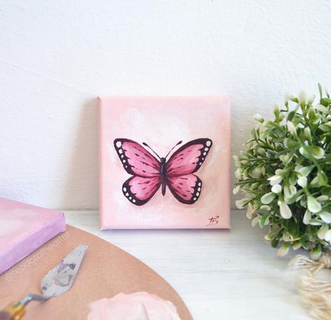 Mini Canvas Painting Butterfly Pink Acrylic Painting on Mini | Etsy Butterfly Mini Painting, Hand Painted Butterflies, Canvas Painting Ideas To Gift, Butterfly Painting On Canvas Acrylics, Canvas Butterfly Painting, Pink Butterfly Painting, Canvas Painting Butterfly, Acrylic Painting Ideas Aesthetic, Butterfly Painting Easy