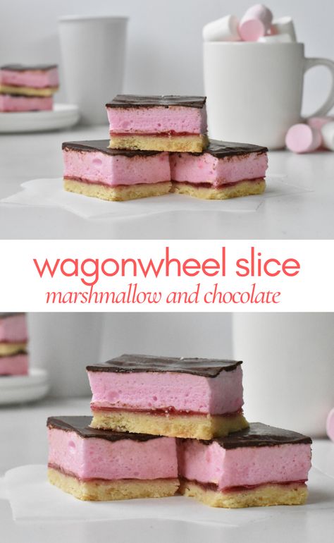 This easy and delicious slice has melt-in-your-mouth layers of soft biscuit, raspberry jam, marshmallow, and chocolate. Sweet Treats To Share, Cakes And Treats, Raspberry Slice Recipe, Quick And Easy Slice Recipes, Sweet Slices Recipes, Easy Slices Recipes, Easy Slice Recipes, Slices Recipes Easy, Easy Kids Baking