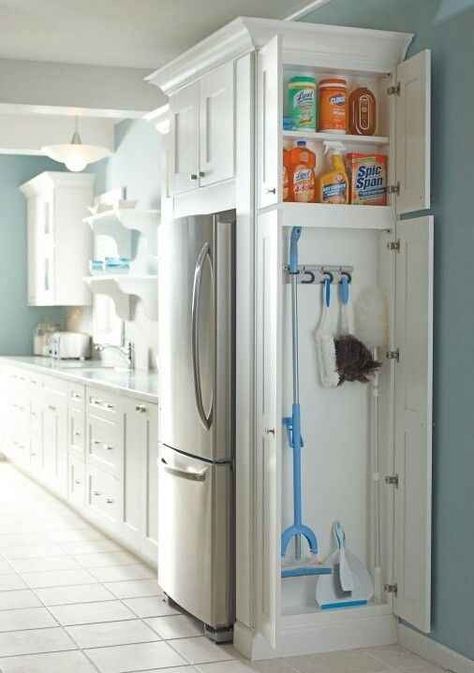 Add a cabinet to any dead space in your kitchen or laundry room for cleaning supplies. Slim Bathroom, Kitchens Ideas, Laundry Design, White Kitchens, Homemade Cleaning, Kraf Diy, Diy Casa, Toilet Design, Cabinets Organization