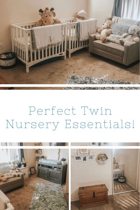 Twin Nursery Essentials Top 5 - Love. Lean. Life. Twin Nursery In Parents Room, Simple Twin Nursery, Twin Nursery Layout Small Room, Twin Nursery Organization, Small Twin Nursery Layout, Small Nursery For Twins, Twin Crib Ideas, Small Twin Nursery Ideas, Twin Nursery Boys