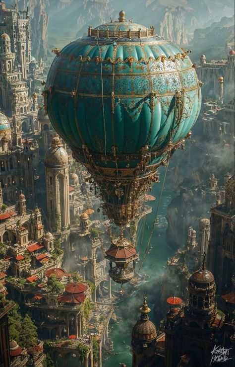 Steampunk Air Balloon, Hot Air Balloon Concept Art, Fantasy Festival Aesthetic, Fantasy Festival Art, Festival Concept Art, Steampunk City Concept Art, Ballon Aesthetic, Hot Air Balloon Aesthetic, Fantasy Airship