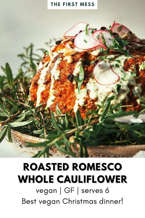 This roasted whole cauliflower is a delicious and unique addition to your vegan Thanksgiving recipes collection. Made with a whole cauliflower, spicy homemade romesco sauce, olive oil, and herbed tahini for drizzling, this is one of the most impressive vegan turkey substitute options out there. If you've been looking for a vegan Thanksgiving main dish centrepiece or some new roasted cauliflower inspiration, check this one out. Cauliflower Turkey Recipes, Thanksgiving Cauliflower Recipes, Plant Based Cauliflower Recipes, Vegan Cauliflower Thanksgiving Recipes, Vegan Christmas Recipes Main Dishes, Whole Cauliflower Recipes, Cauliflower Cups, Whole Roasted Cauliflower With Mayo, Vegan Thanksgiving Main