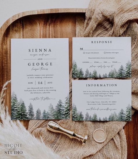 Evergreen Wedding Invitations, Wedding Invitations Forrest, Woodsy Wedding Color Schemes, Evergreen Theme Wedding, Wedding Invitations Layered, Pine Tree Wedding Invitations, Forest Wedding Invites, Pine Tree Wedding Decor, December Wedding Invitations