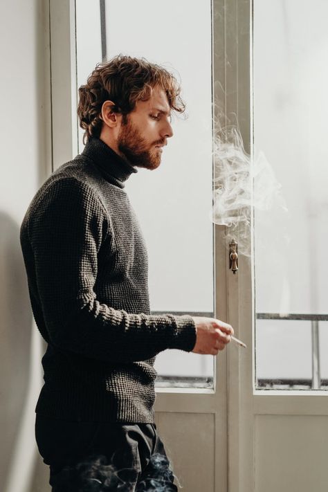 Side View Photo of Man in Black Sweater Standing Beside White Wooden Door Smoking · Free Stock Photo Custom Printed Boxes, Standing Poses, Man Standing, Human Poses, Male Poses, Body Poses, Man Photo, Photo Reference, Side View