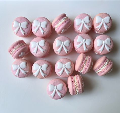 Light pink shells with white bows. I love classic themes 🎀 Vanilla, strawberry, and salted caramel macarons decorated with royal icing . . . . #macarons #macaron #frenchmacarons #dessert #desserts #fyp Light Pink Macarons, Bow Desserts, Decorated Macarons, Salted Caramel Macarons, Caramel Macarons, Coquette Birthday, Pink Shells, Pink Macarons, Pink Macaroons