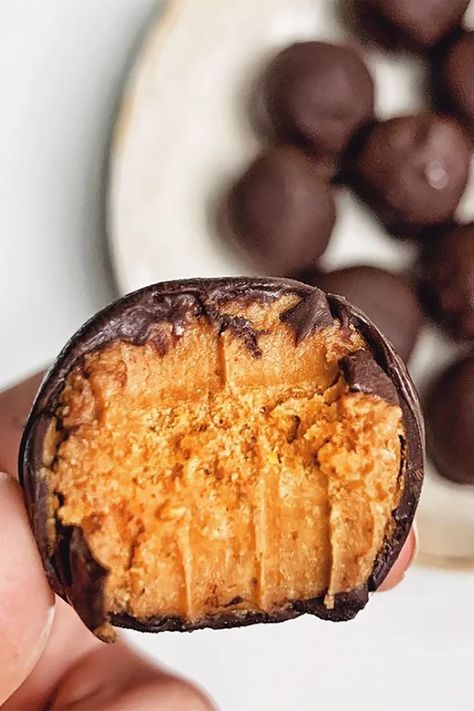 Pumpkin Protein Truffles Recipe From Belinda Kraemer Gluten Free Truffles, Powder Peanut Butter, Protein Truffles, Pumpkin Truffles, Pumpkin Spice Treats, Reese's Peanut Butter Cup, Pumpkin Protein, Truffles Recipe, Pumpkin Caramel