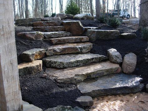 Natural Stone Stairs, Lake Landscaping, Rock Steps, Sloped Backyard Landscaping, Landscape Stairs, Stone Landscaping, Sloped Backyard, Stone Steps, Landscaping Retaining Walls