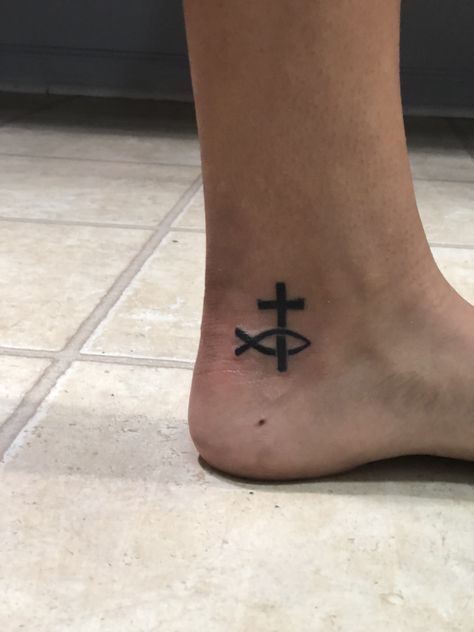 Biblical Fish Tattoo, Ankle Tattoo Inside, Christian Fish Symbol Tattoo, Christian Fish Tattoos, Faith Tattoos, Small Cross Tattoos, Biblical Tattoos, Bible Tattoos, Cross Tattoo For Men