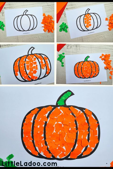 Torn Paper Pumpkin Craft Cute Pumpkin Crafts For Kids, Torn Pumpkin Craft, Pumkin Ideas For Kids Crafts, Decorate A Paper Pumpkin For Kids, Fall Art Activities For Infants, Preschool Pumpkins Crafts, Preschool Pumpkin Art Projects, Craft Autumn Kids, Paper Pumpkin Craft Preschool