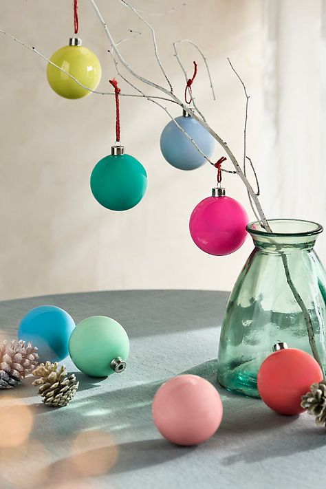 3" Enamel Glass Bauble Ornaments, Set of 16 at Terrain Modern Christmas Tree Ornaments, Anthropologie Inspired Office, Anthropologie Inspired Christmas, Funky Christmas Decor, Painting Glass Ornaments, Anthropologie Christmas Decor, Anthro Christmas, Anthropologie Christmas Tree, Colorful Christmas Decor