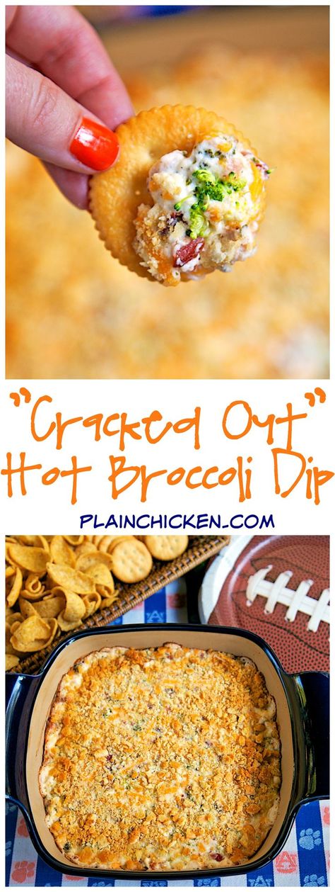 "Cracked Out" Hot Broccoli Dip - baked broccoli dip loaded with cheddar, bacon and ranch. Broccoli Dip, Cracked Out, Baked Broccoli, Party Dip, Taco Dip, Super Bowl Food, Finger Food Appetizers, Snacks Für Party, Yummy Dips