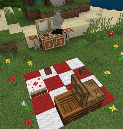 Minecraft Shared Bedroom Ideas, Picnic In Minecraft, Minecraft Building Ideas Picnic, Building Ideas In Minecraft, Minecraft Enchantment Building Ideas, Enchantment Area Minecraft Ideas, Minecraft Aesthetic Decor, Picnic Ideas Minecraft, Cottagecore Ideas Minecraft