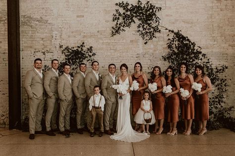 Wedding Party Fall Attire, Copper Wedding Party Attire, Cream Brown Wedding Theme, Brown Tux Wedding Party, Brown Chambelan Suits, Groomsmen Attire May Wedding, Tan Suit Groomsmen Groom Attire, Brown Wedding Colors Groomsmen, Rust Bridesmaids And Groomsmen