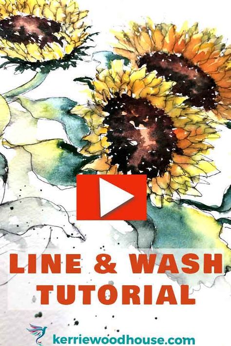 Pen And Watercolor Tutorial, Ink And Wash Tutorials, Line And Wash Watercolor Tutorials, Watercolor Line And Wash, Sunflower Drawing Watercolor, Sunflower Tutorial, Sunflower Watercolor Painting, Line And Wash, Loose Watercolour