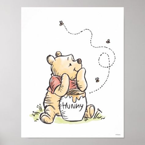 This sweet Winnie the Pooh poster is the perfect addition for your child's nursery or playroom. Winnie The Pooh Canvas, Winnie The Pooh Tattoos, Baby Shower Gift Favors, Honey Bee Tattoo, Winnie The Pooh Drawing, Hunny Pot, Unique Baby Shower Themes, Winnie The Pooh Honey, Baby Boy Shower Favors