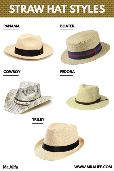 Read this article and find out what are the differences between Panama, Boater, Cowboy, Fedora and Trilby hat. Get some new ideas of straw hat outfit for this summer. #strawhat #panama #boater #cowboy #fedora #trilby Cowboy Fedora Hat, Panama Hat Men Outfit, Straw Hat Outfit Men, Trilby Hat Women Outfits, Hats For Men Trendy Summer, Straw Hat Summer Outfit, Cowboy Straw Hat Outfit, Brown Straw Fedora, Fedora Summer Outfit