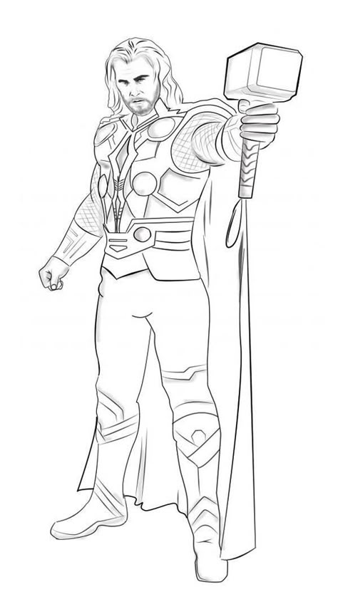 Thor - couldn't really find any good ones of his full body, and of just him.... maybe you can find a better one? Thor Coloring Pages, Thor Drawing, Iron Man Drawing, Avengers Coloring Pages, Avengers Drawings, Avengers Coloring, Superhero Coloring Pages, Spiderman Coloring, Drawing Superheroes