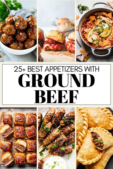 Enjoy browsing this collection of 25+ Ground Beef Appetizers, where ground beef takes center stage in these mouth-watering recipes. From sweet and sour homemade meatballs to flaky hand pies, these recipes are sure to be crowd pleasers! Whether you're hosting a party or looking for a tasty snack for game day, get ready to find your new favorite appetizer! Easy Meat Appetizers Crock Pot, Finger Foods With Meat, Game Day Food With Ground Beef, Appetizer Using Ground Beef, Ground Beef Party Food Appetizers, Easy Ground Beef Appetizers, Party Food With Ground Beef, Easy Hot Finger Food, Game Day Ground Beef Recipes