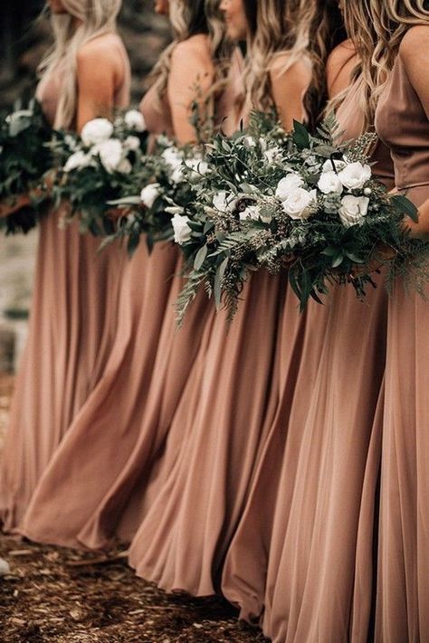 Taupe Bridesmaid, Earth Tone Wedding, Taupe Bridesmaid Dresses, Greenery Wedding Bouquet, Orange Bridesmaid, Cheap Wedding Flowers, Orange Bridesmaid Dresses, Floral Wedding Decorations, Green Wedding Colors